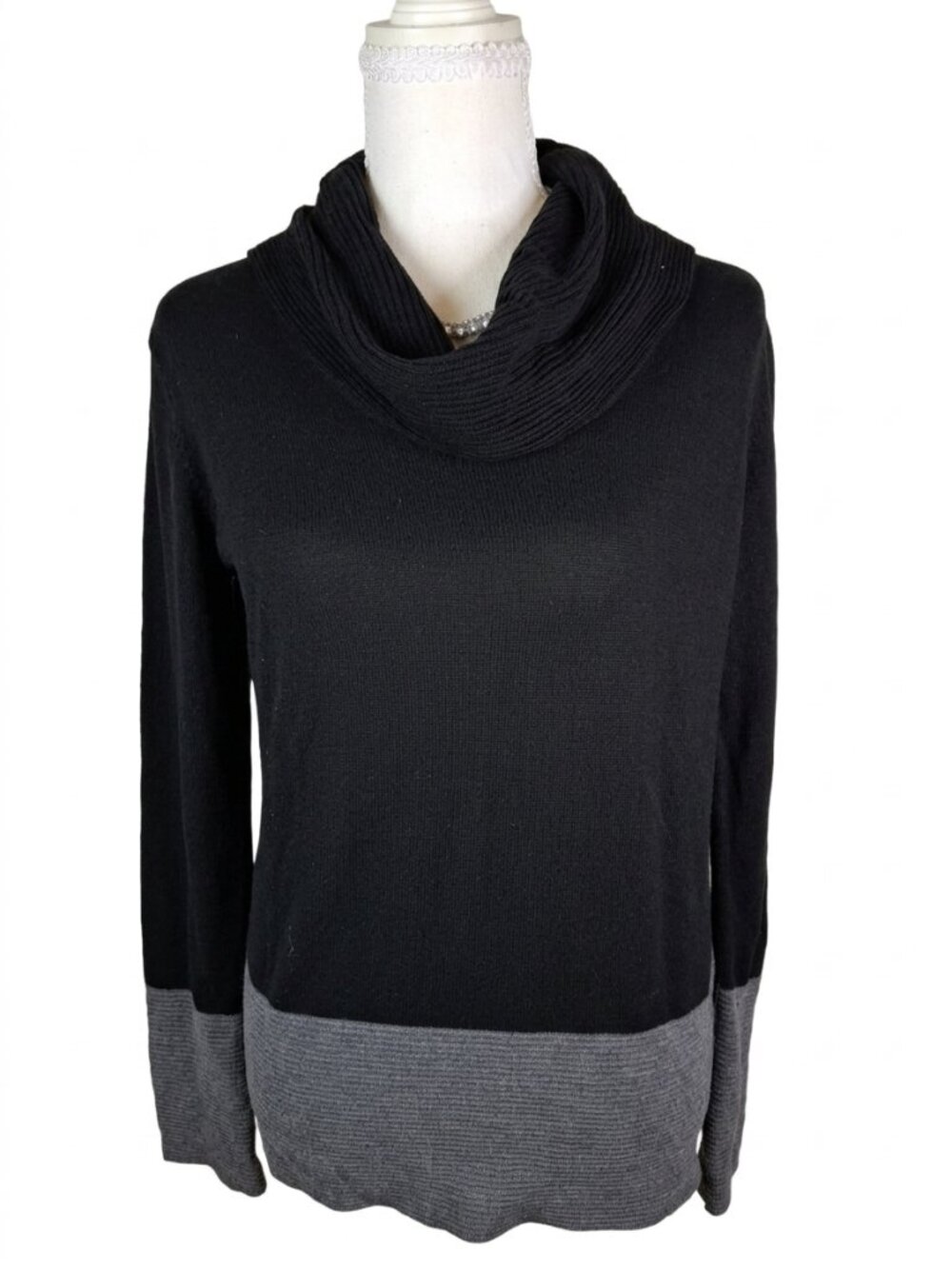 Calvin Klein Black & Grey Colorblock Cowl Neck Knit Sweater - Size Small